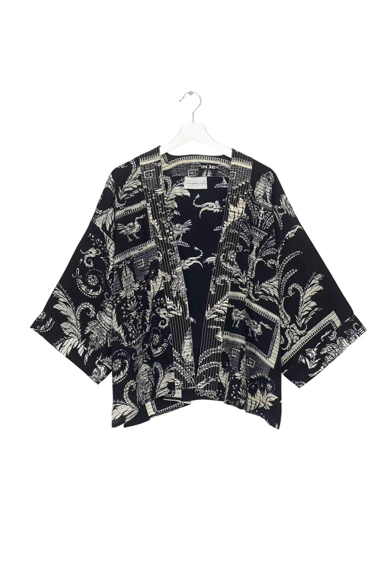 Kimono Courte Élégante pour Femme - Broderie de Cent Étoiles sur Crêpe Noir à Motif Damassé Rétro