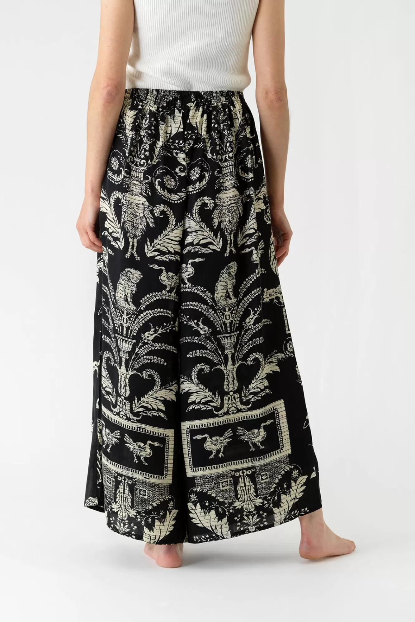 Pantalon Palazzo Femme en Tissu Jacquard Noir - Coupe Large Évasée & Broderie Cent Étoiles, Inspiration Rétro Chic pour Élégance Intemporelle