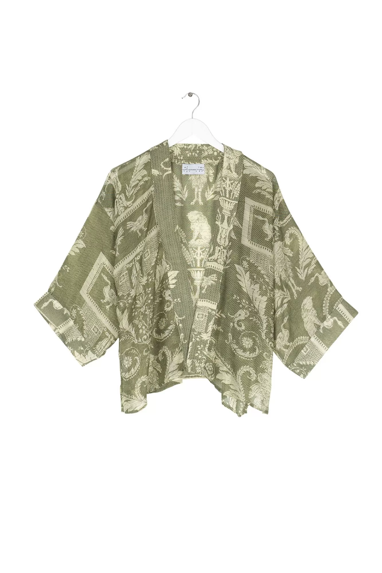 Kimono Courte Femme en Damassé Rétro – Broderie Céleste et Nuances Sauvage