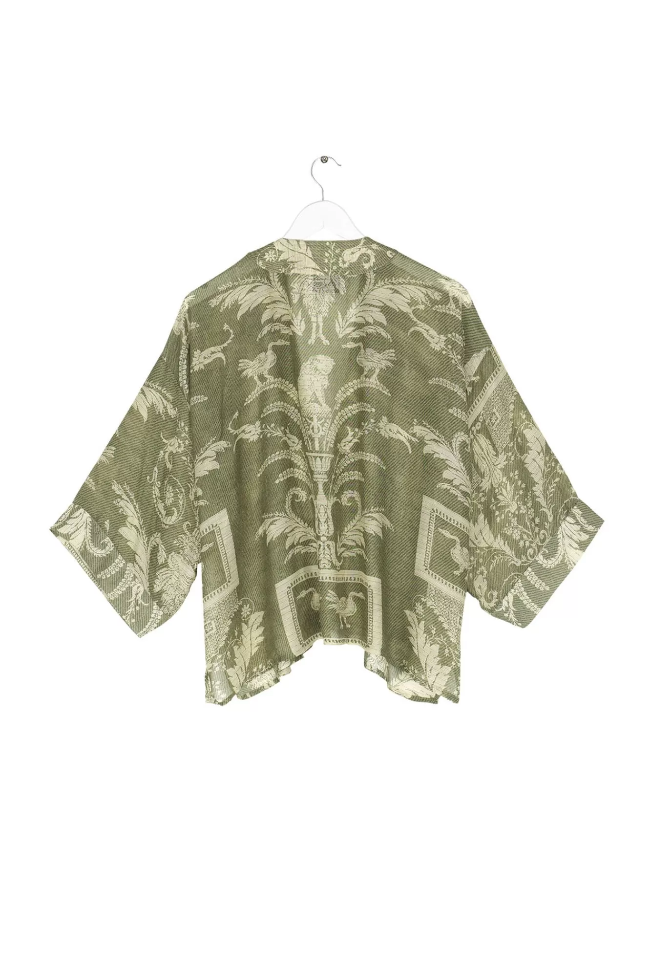 Kimono Courte Femme en Damassé Rétro – Broderie Céleste et Nuances Sauvage