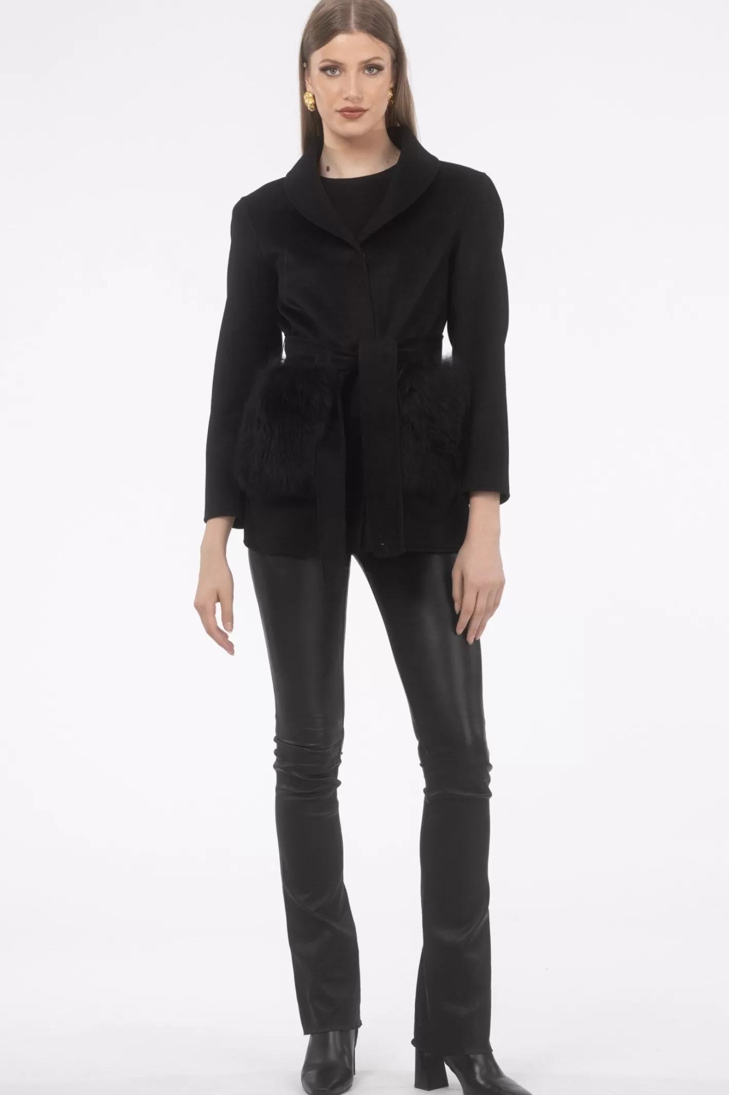 GORSKI - Veste femme en laine pure ajustable à la taille, style Montréal avec poches plaquées en cuir d'agneau sélectionné